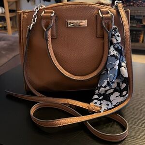 Elegant Tan Handbag with Scarf Accent